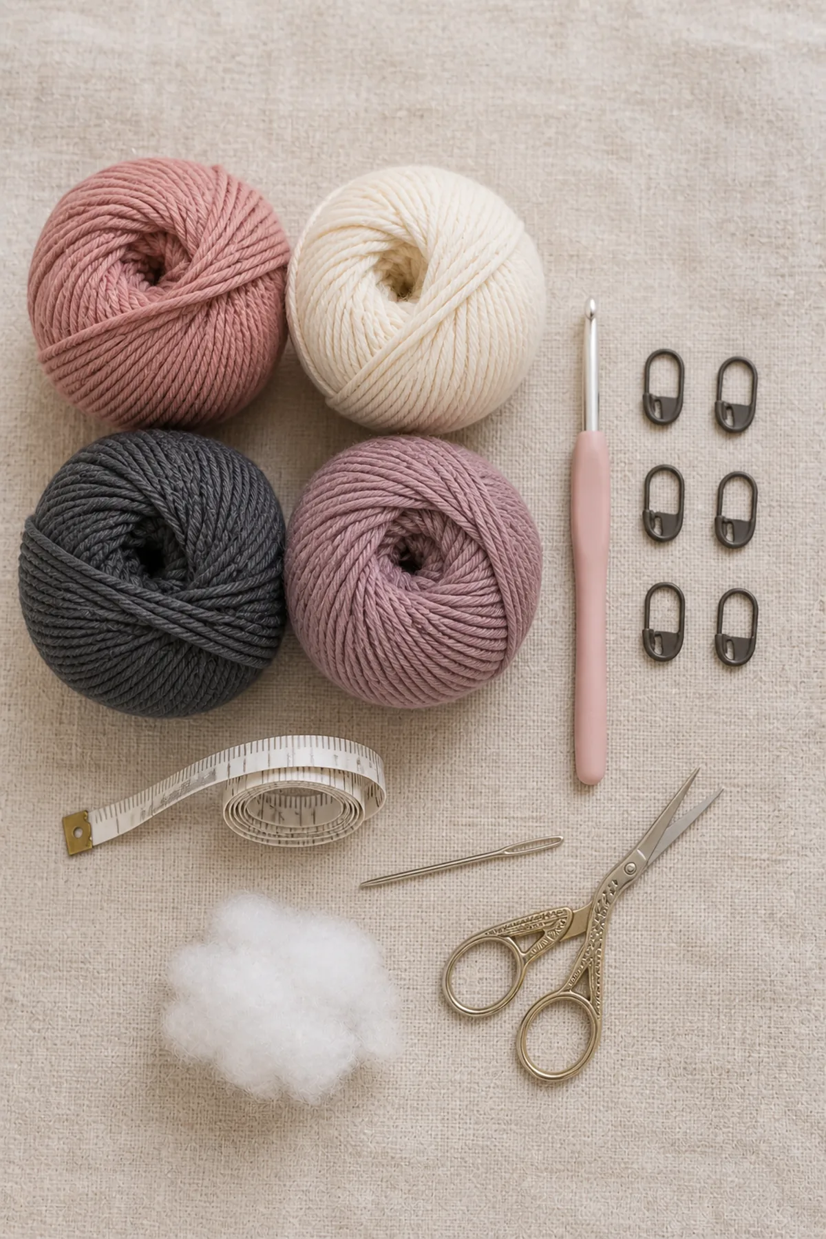 Baby-friendly yarn, crochet hook, stitch markers, tape measure, yarn needle, and scissors for petunia the panda lovey