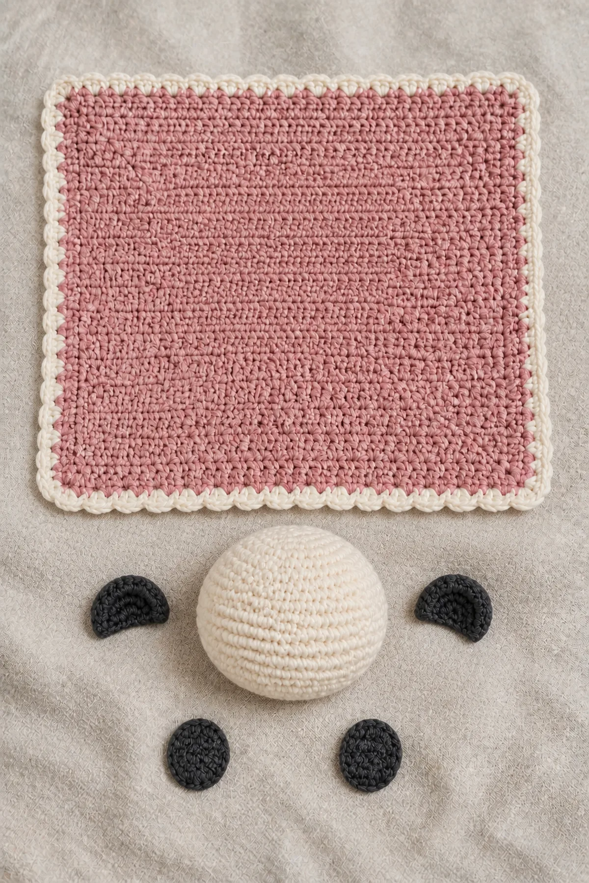 Blocked dusty-rose square with separate cream panda head, charcoal ears, and flat eye patches