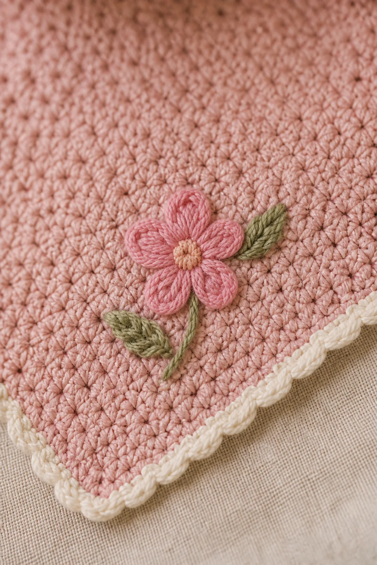 Close-up of the stitch texture and securely finished details on posey the bunny lovey