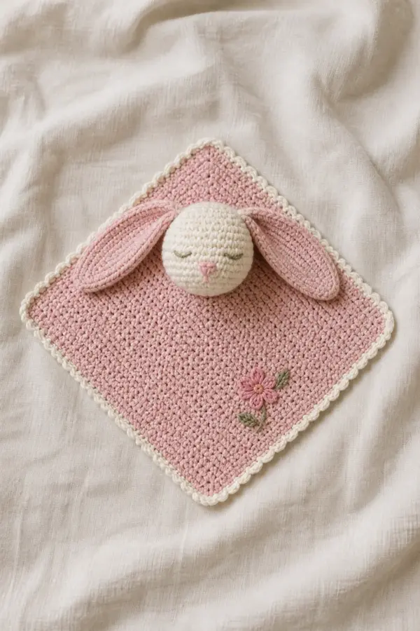 Finished posey the bunny lovey with a blush square, cream bunny head, flat ears, and embroidered posey