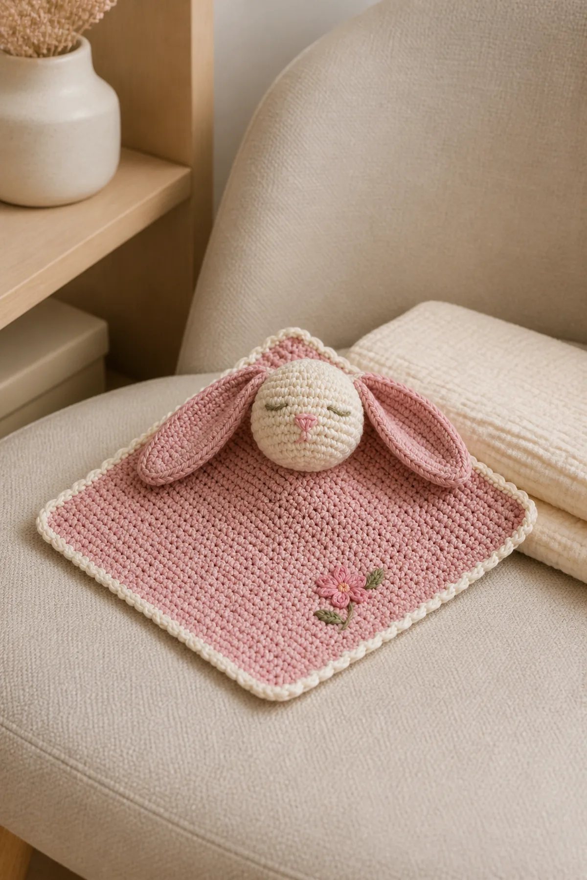 Finished posey the bunny lovey styled in a calm bright nursery setting without a baby present