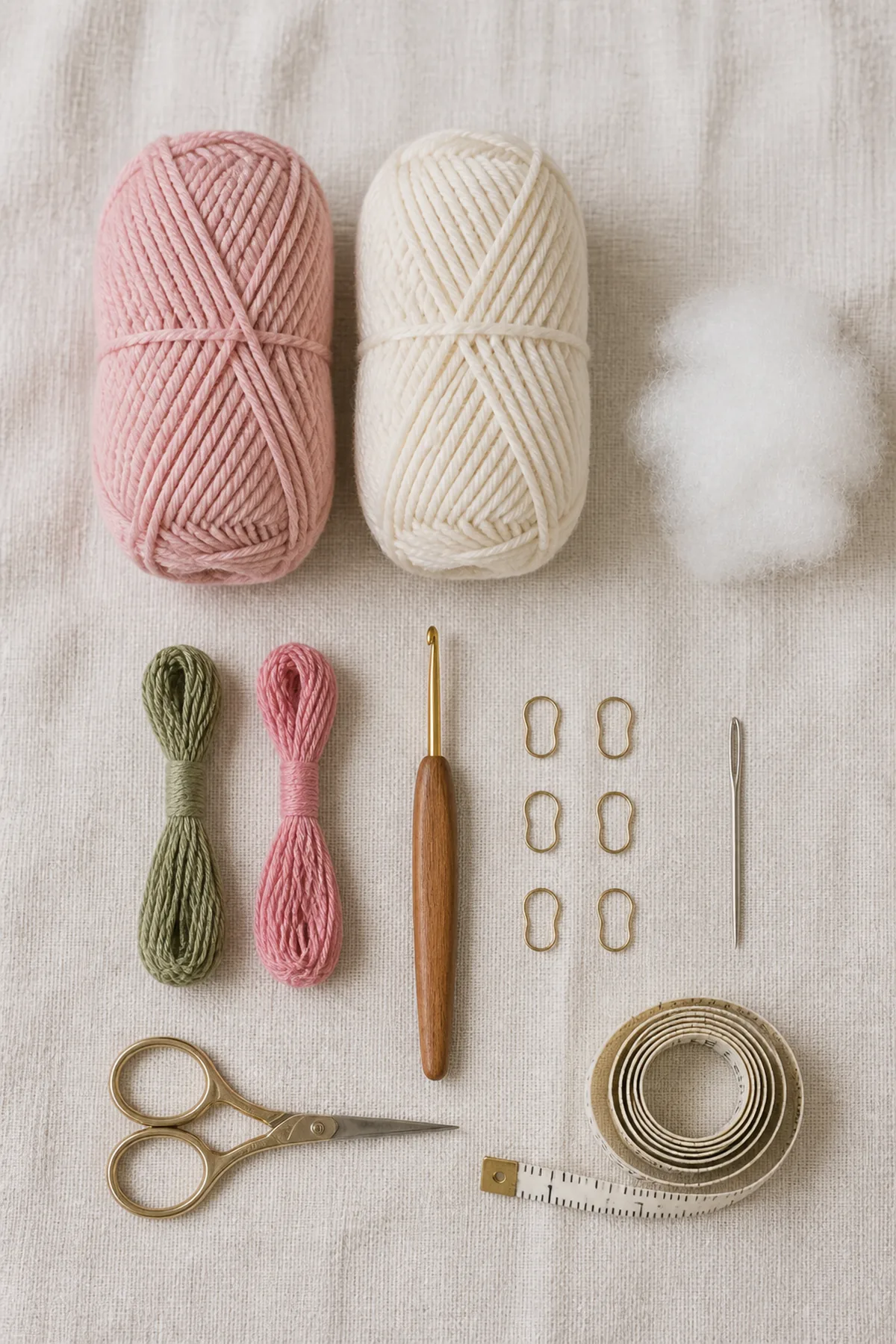 Baby-friendly yarn, crochet hook, stitch markers, tape measure, yarn needle, and scissors for posey the bunny lovey