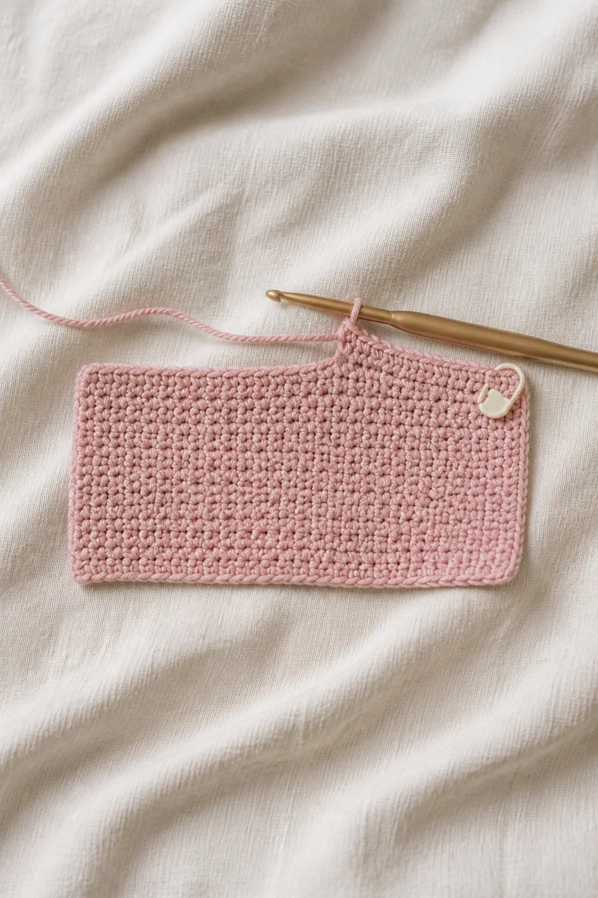 Early counted crochet stage of posey the bunny lovey with matching yarn and hook