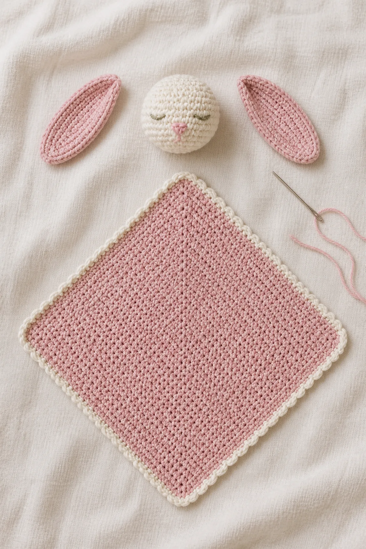 Mid-process construction of posey the bunny lovey showing the established shape