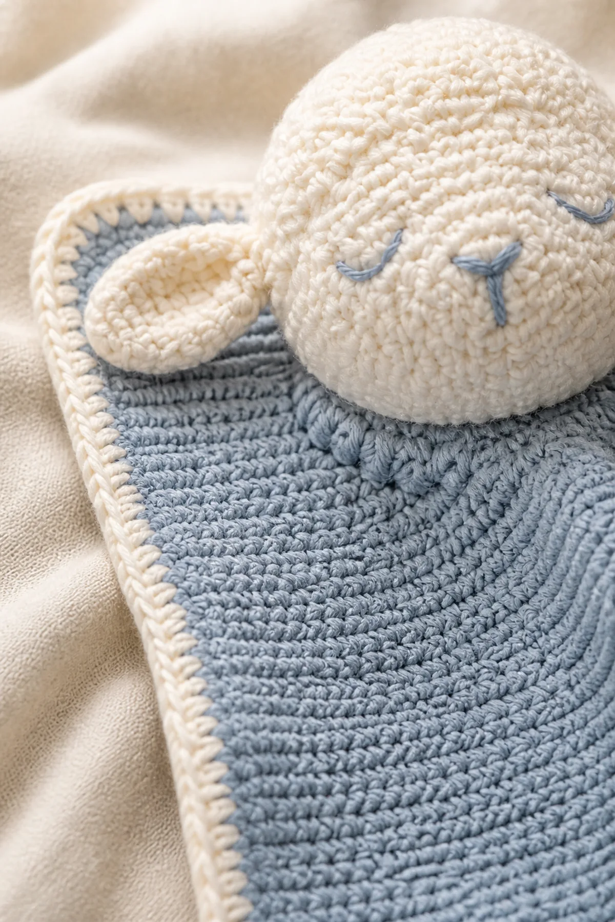 Close-up of the stitch texture and securely finished details on sleepy baggy lovey