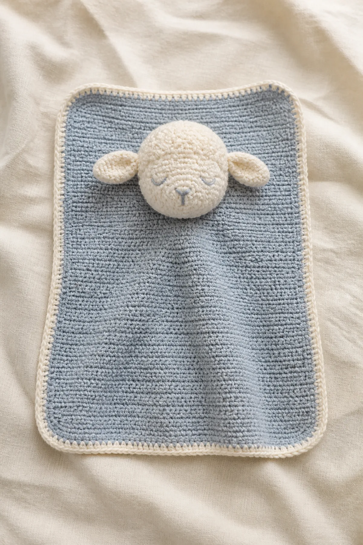 Finished sleepy baggy lovey with a dusty-blue flat comfort body and sleepy cream lamb head