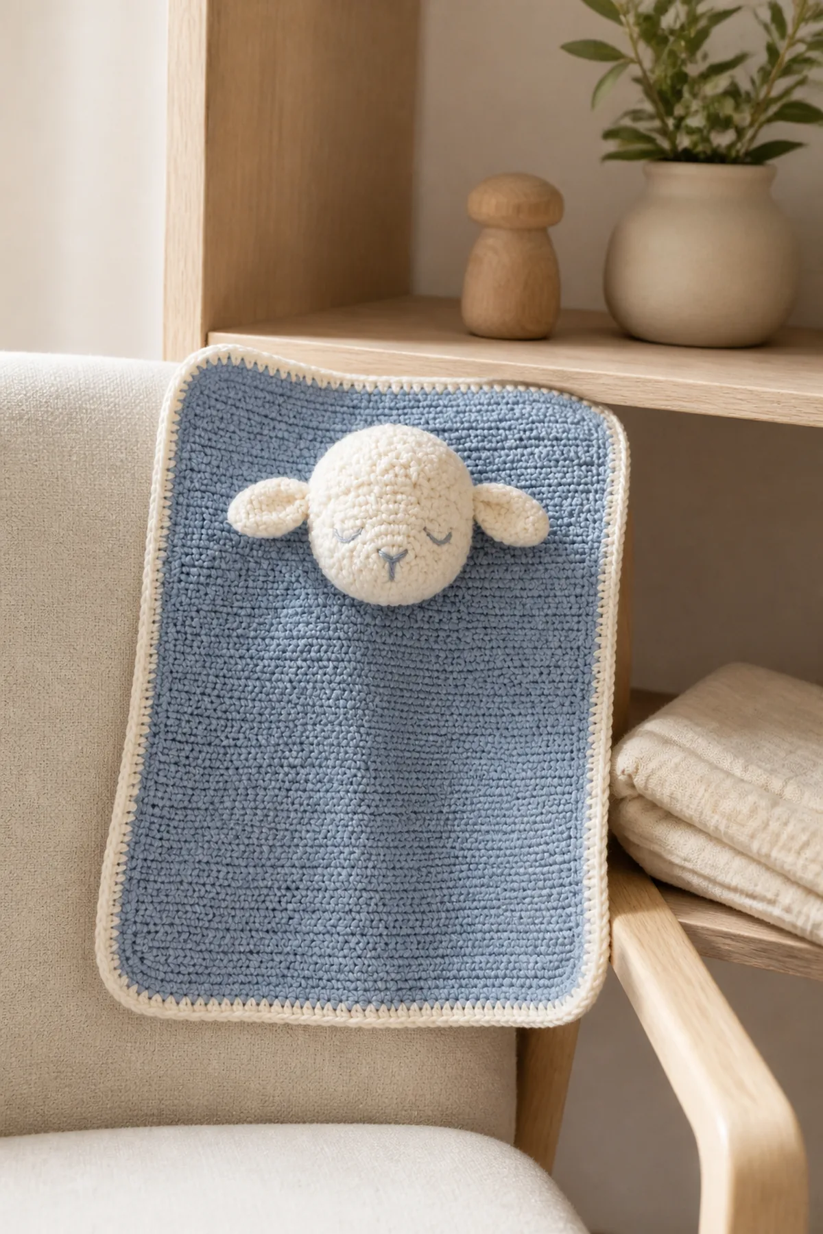 Finished sleepy baggy lovey styled in a calm bright nursery setting without a baby present
