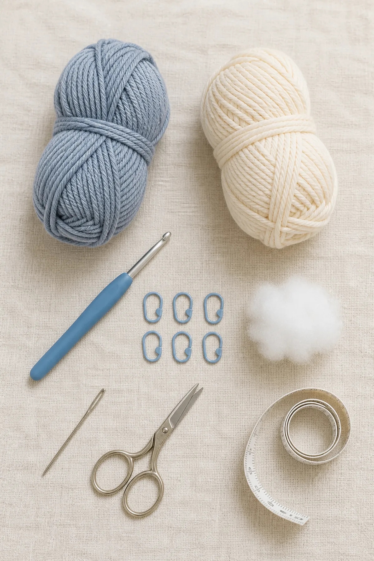 Baby-friendly yarn, crochet hook, stitch markers, tape measure, yarn needle, and scissors for sleepy baggy lovey