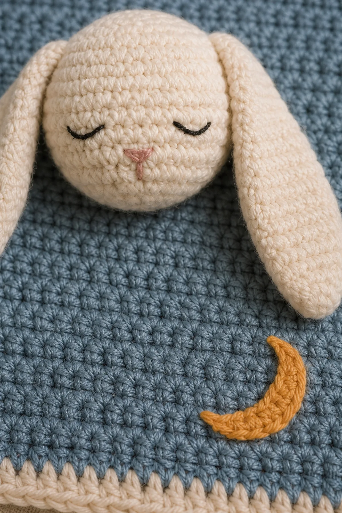 Close-up of the sleepy embroidered bunny face, floppy ear seams, and flat honey-gold crescent