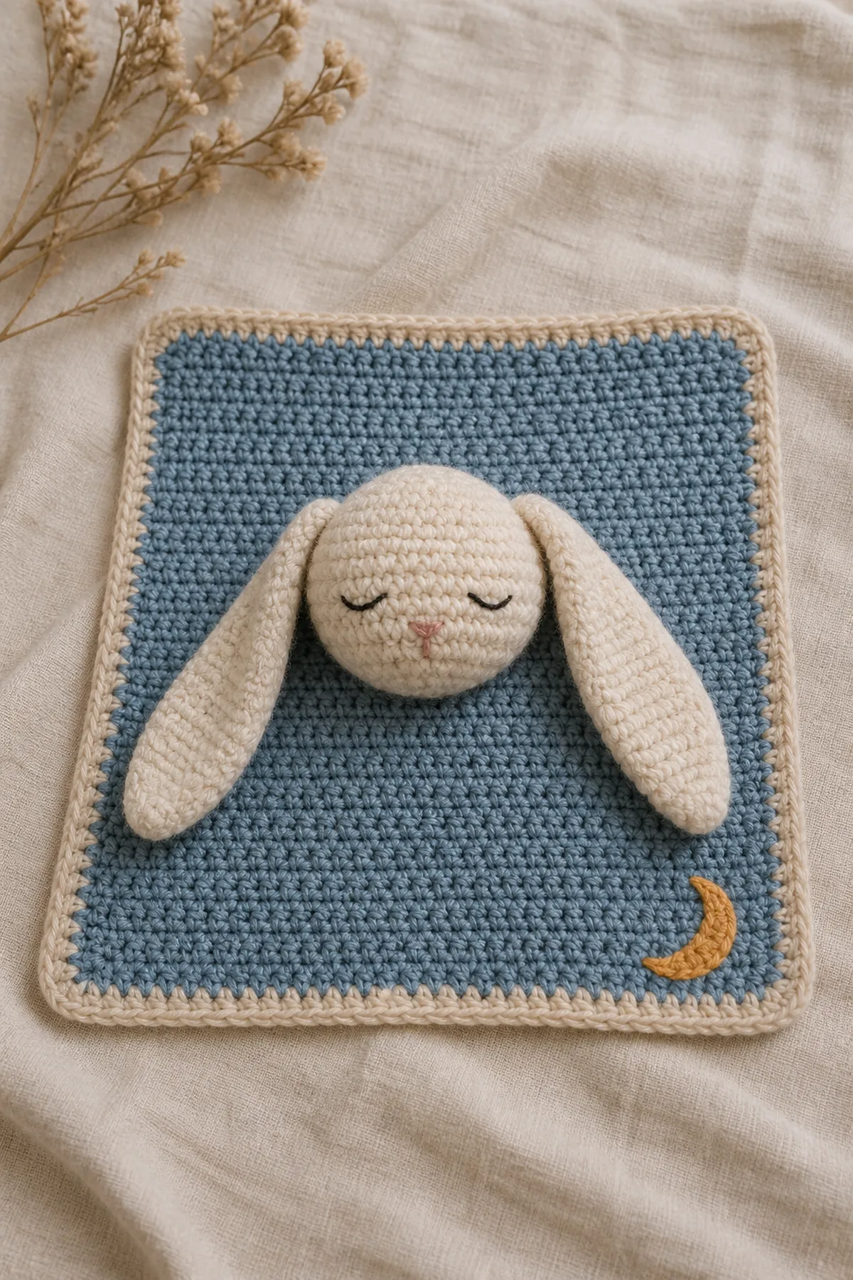Finished sleepy bunny lovey free crochet pattern with a dusty-blue square, oatmeal edge, floppy-eared cream bunny, and flat honey crescent