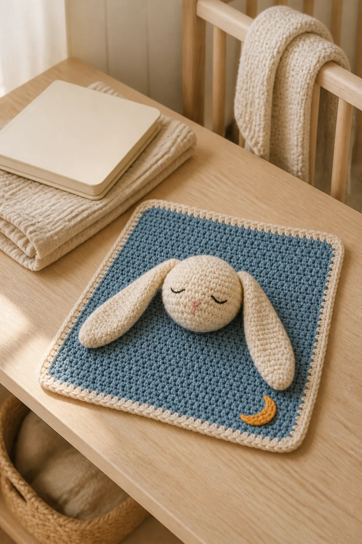 Finished sleepy bunny lovey free crochet pattern styled in a calm bright nursery setting without a baby present