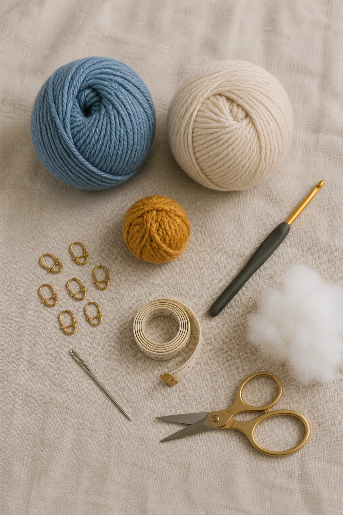Baby-friendly yarn, crochet hook, stitch markers, tape measure, yarn needle, and scissors for sleepy bunny lovey free crochet pattern