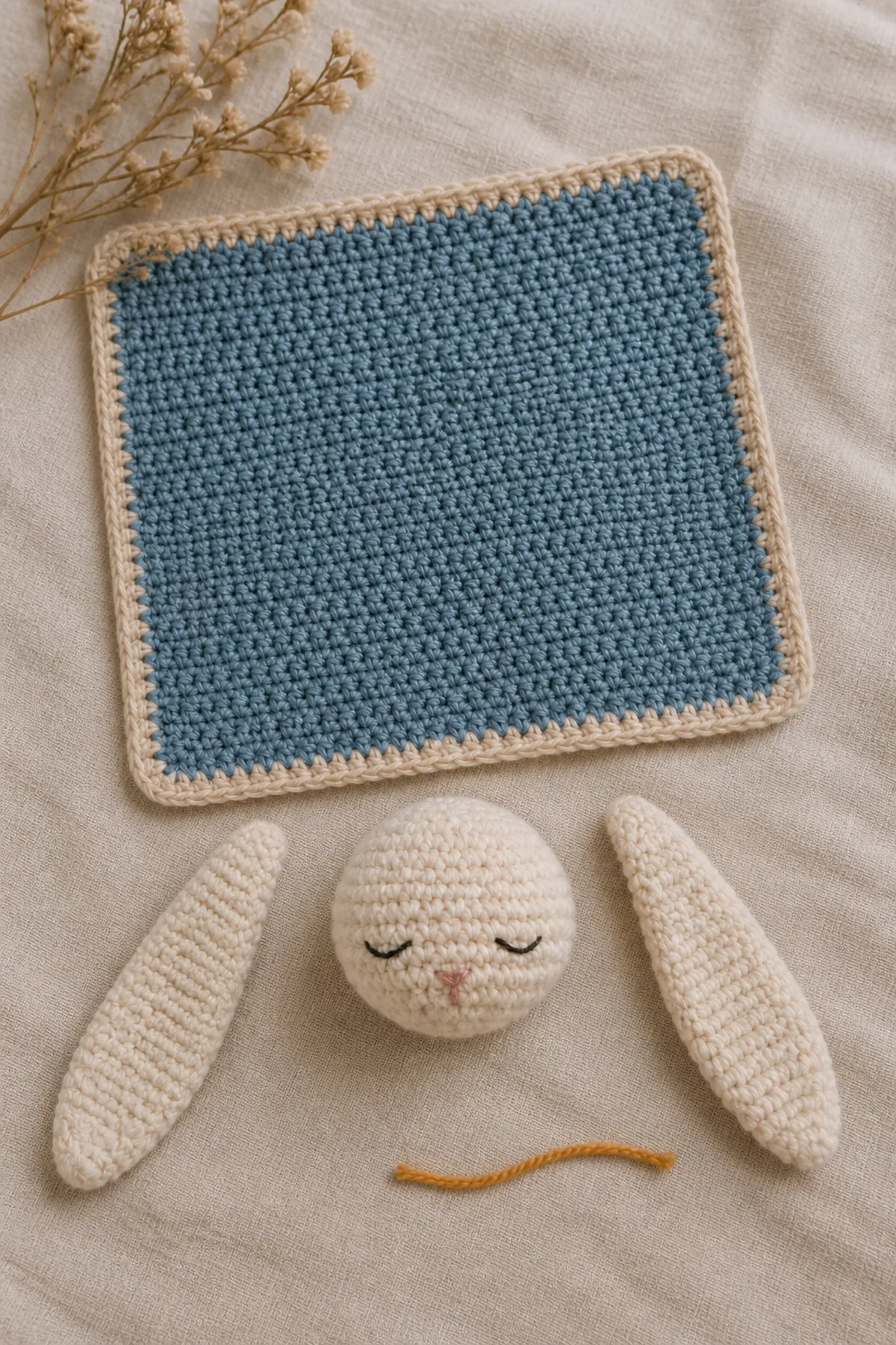 Dusty-blue lovey square with separate sleepy bunny head and two unstuffed floppy ears before assembly