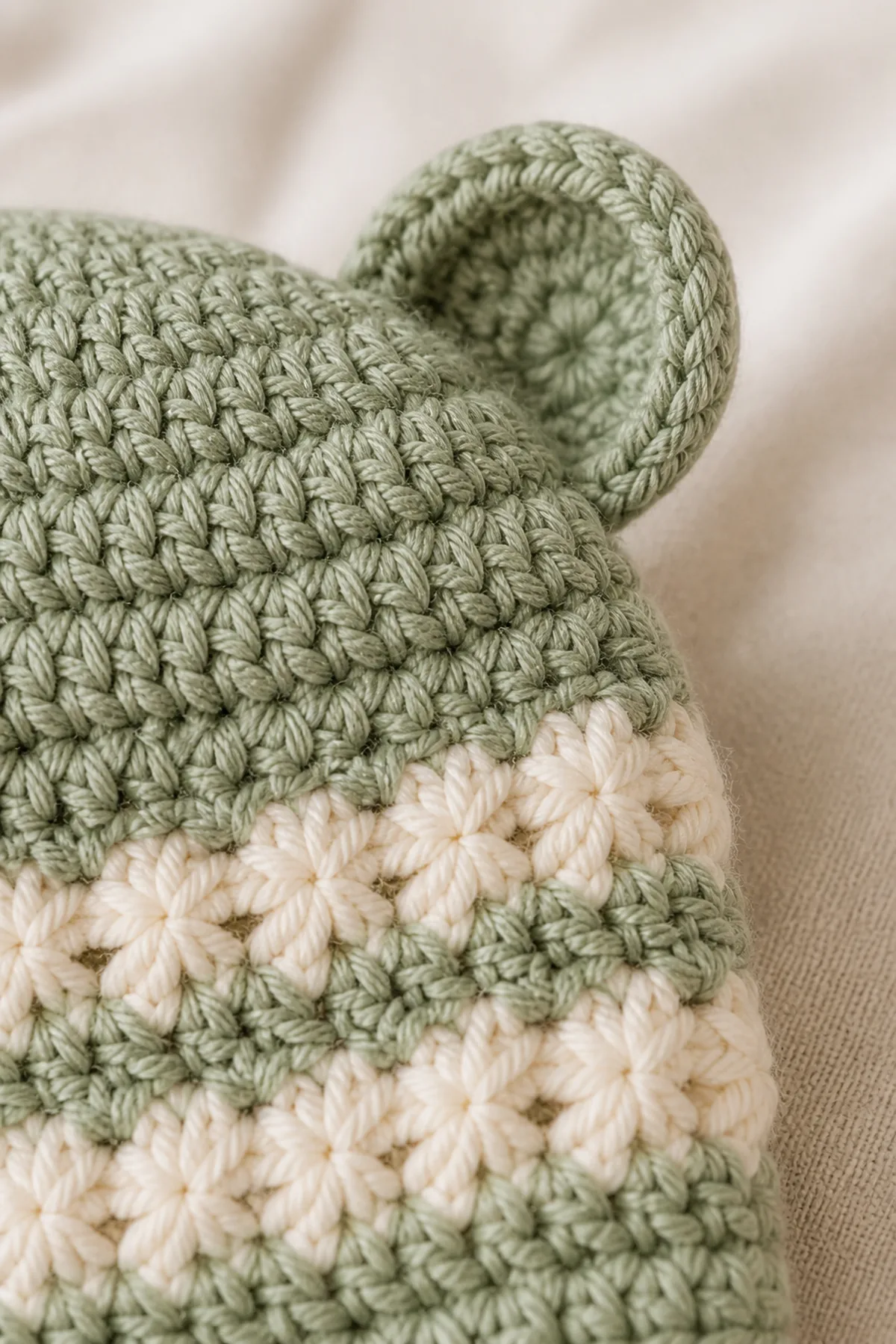 Close-up of the stitch texture and securely finished details on star stitch baby bear hat