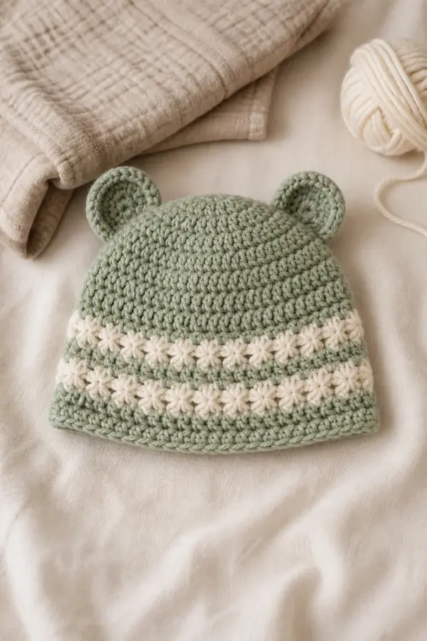 Finished star stitch baby bear hat in soft cream and sage yarn on a neutral nursery surface