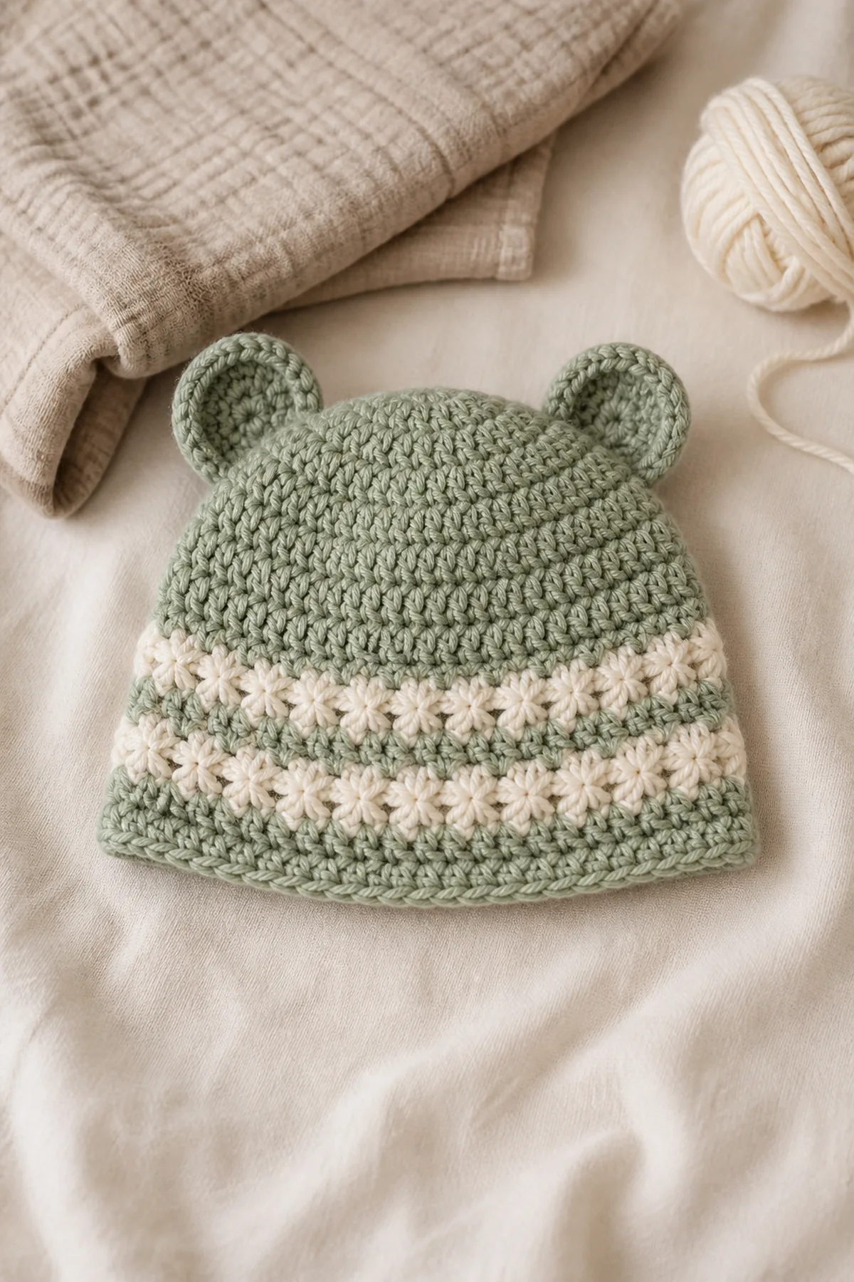 Finished star stitch baby bear hat in soft cream and sage yarn on a neutral nursery surface