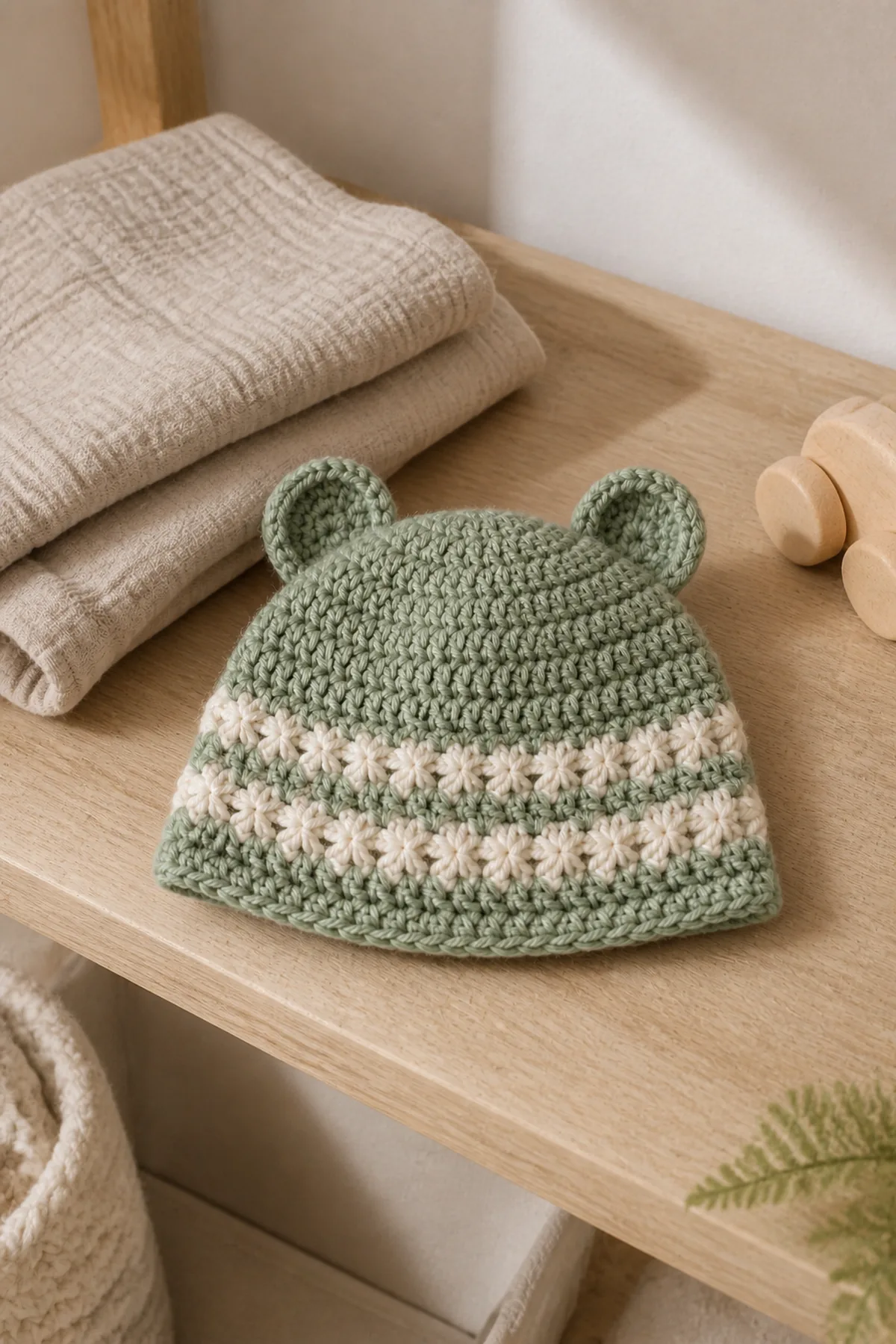 Finished star stitch baby bear hat styled in a calm bright nursery setting without a baby present