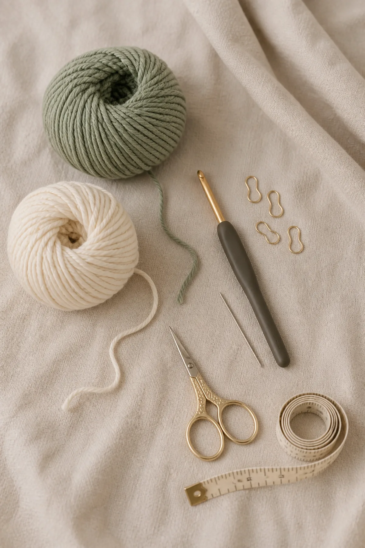 Baby-friendly yarn, crochet hook, stitch markers, tape measure, yarn needle, and scissors for star stitch baby bear hat