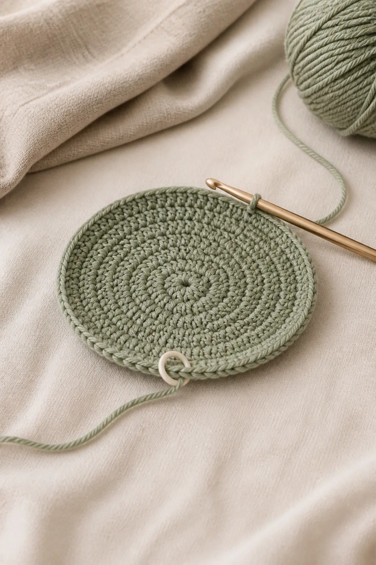 Early counted crochet stage of star stitch baby bear hat with matching yarn and hook