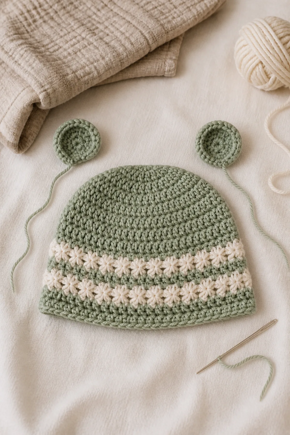 Mid-process construction of star stitch baby bear hat showing the established shape