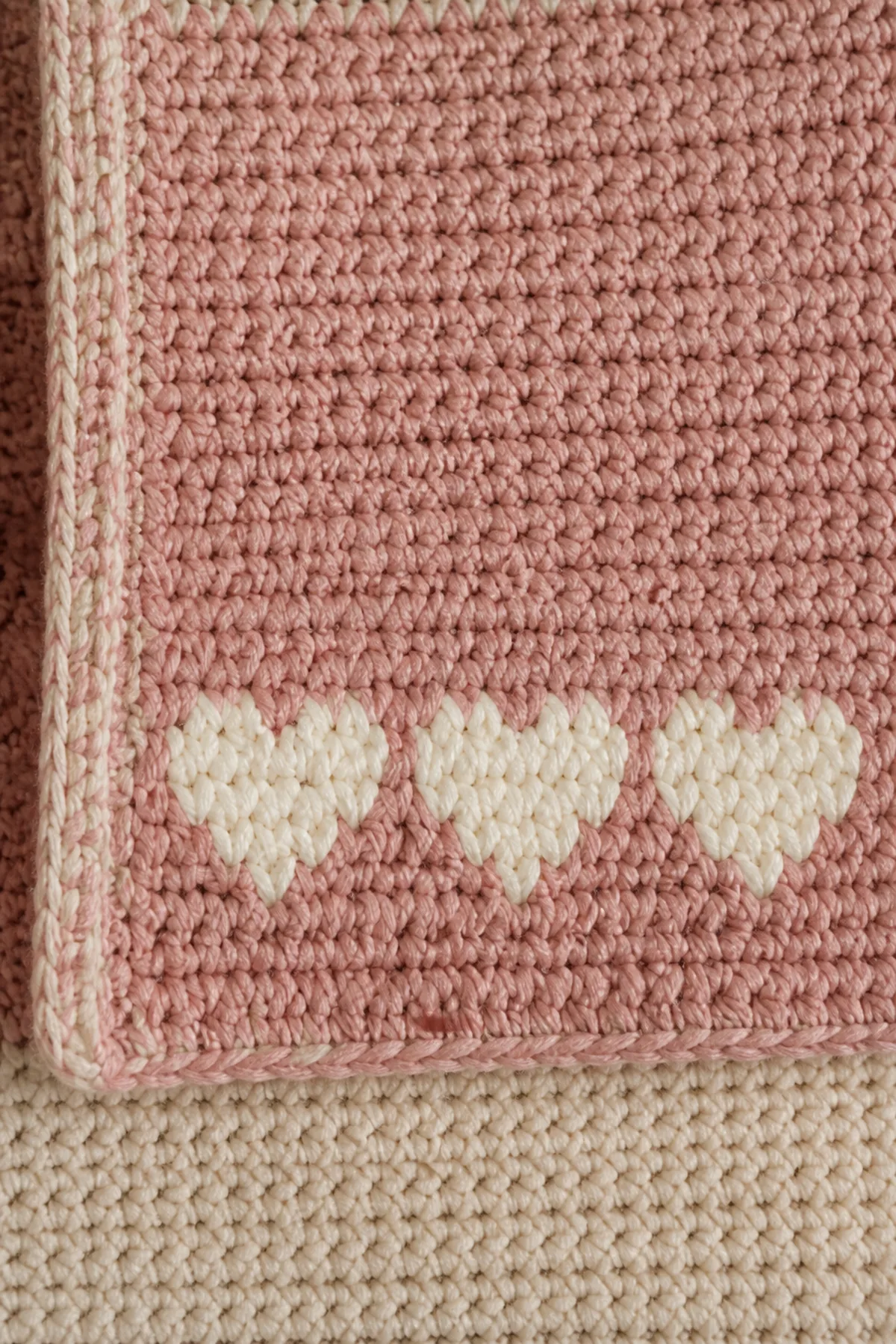 Close-up of the flat cream 1-3-5-3-1 heart motifs and clean color changes on sweet heart - children’s cardigan