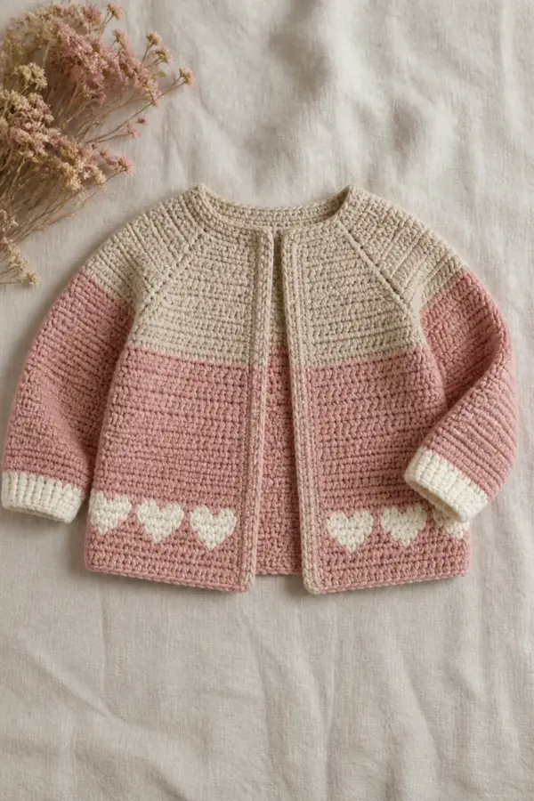 Finished sweet heart - children’s cardigan with oatmeal raglan yoke, blush body, flat cream heart band, and cream cuffs