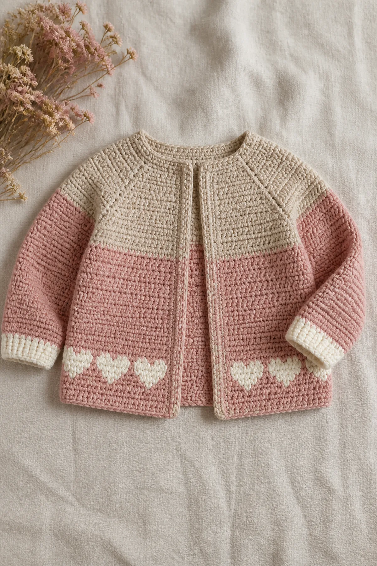 Finished sweet heart - children’s cardigan with oatmeal raglan yoke, blush body, flat cream heart band, and cream cuffs