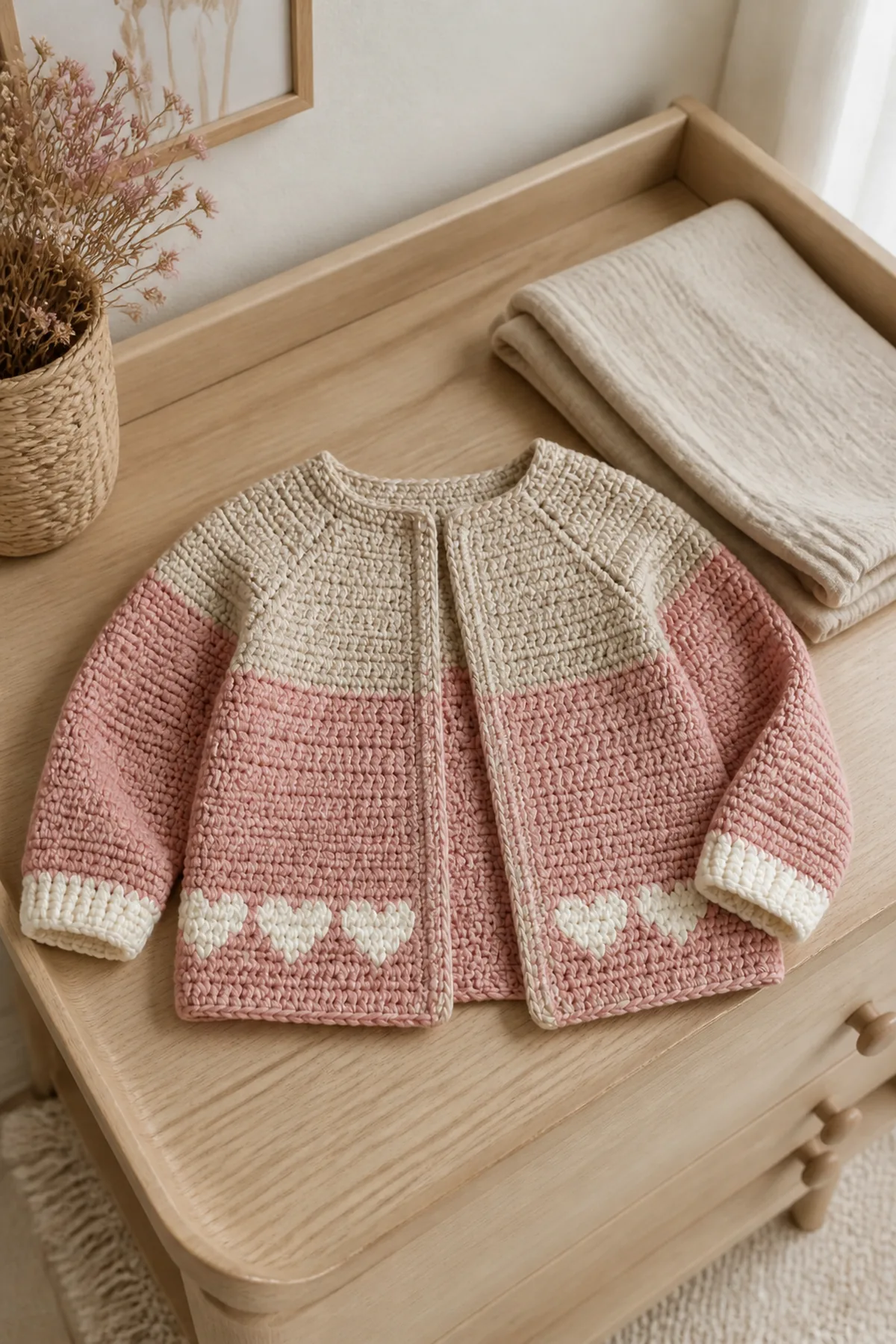 Finished sweet heart - children’s cardigan styled in a calm bright nursery setting without a baby present