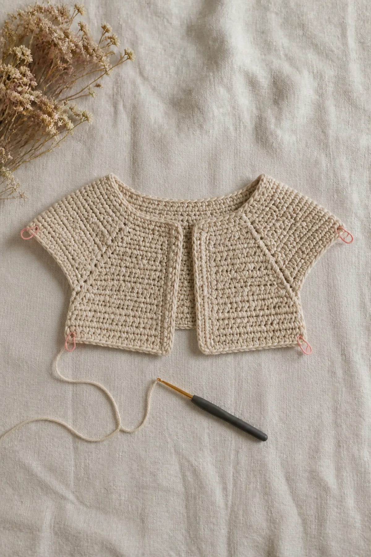 Early counted crochet stage of sweet heart - children’s cardigan with matching yarn and hook