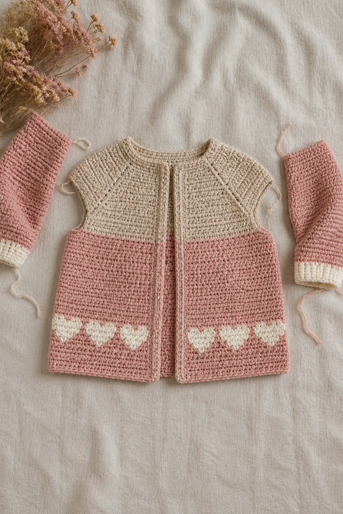 Top-down blush cardigan body for sweet heart - children’s cardigan with one centered cream heart colorwork band