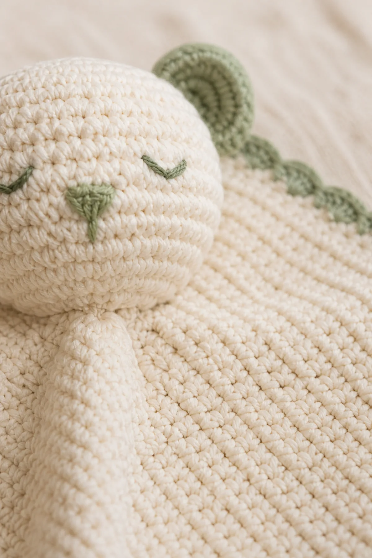 Close-up of the stitch texture and securely finished details on teddy bear lovey crochet pattern for babies - gifts and decor