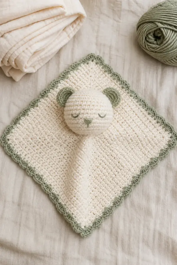 Finished teddy bear lovey crochet pattern for babies - gifts and decor in soft cream and sage yarn on a neutral nursery surface