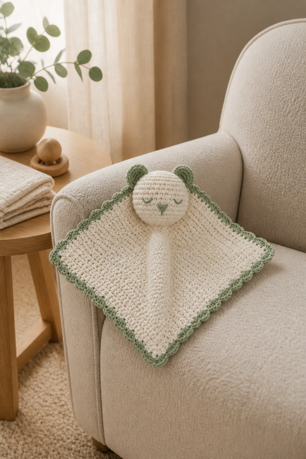 Finished teddy bear lovey crochet pattern for babies - gifts and decor styled in a calm bright nursery setting without a baby present