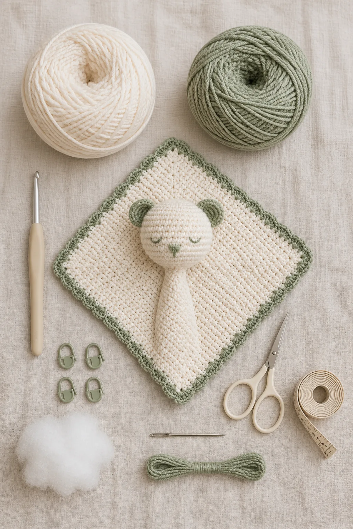 Baby-friendly yarn, crochet hook, stitch markers, tape measure, yarn needle, and scissors for teddy bear lovey crochet pattern for babies - gifts and decor