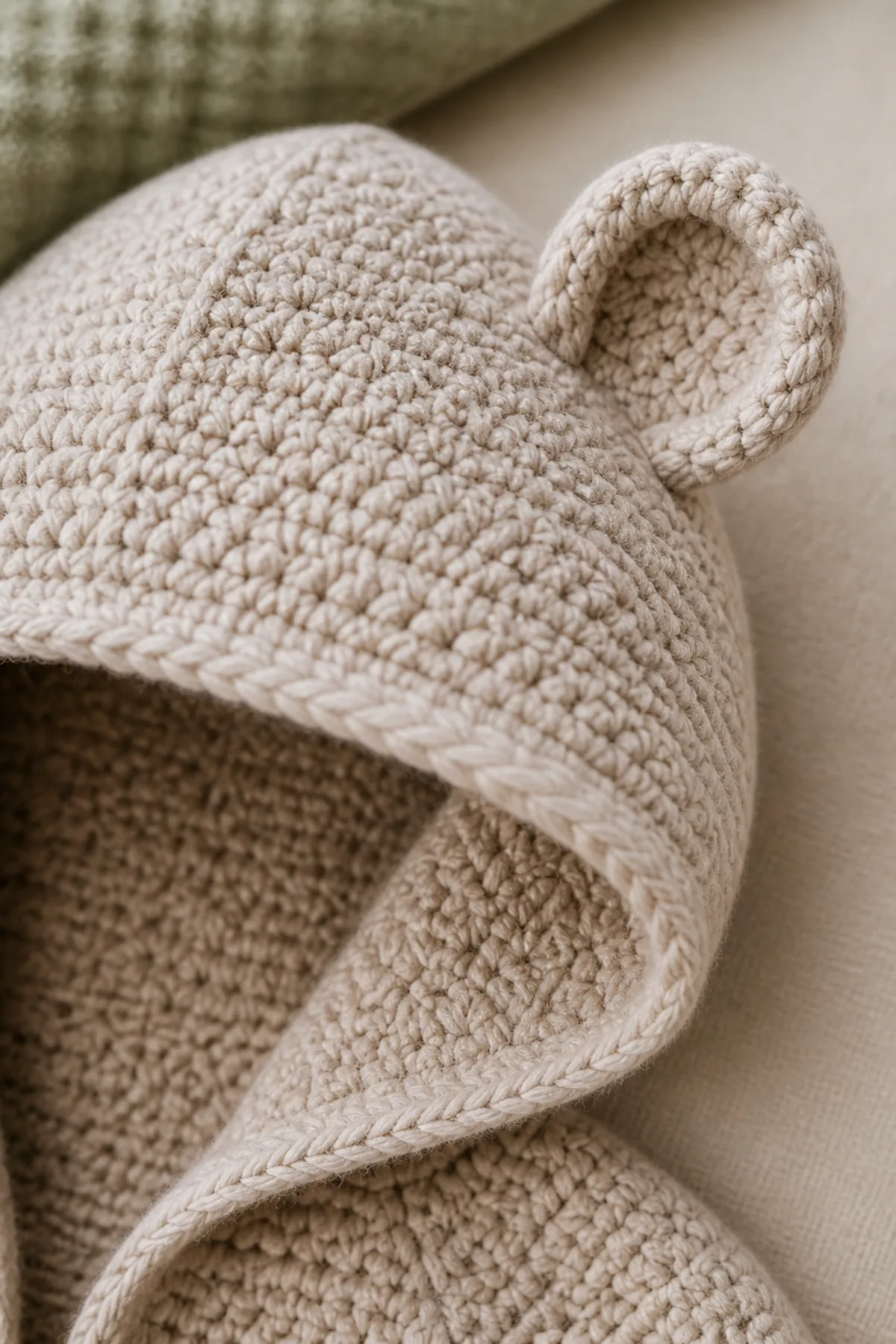 Close-up of the stitch texture and securely finished details on the snuggle bear kids hoodie