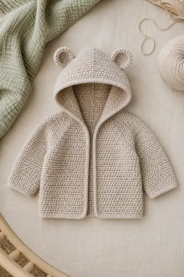 Finished the snuggle bear kids hoodie in soft cream and sage yarn on a neutral nursery surface