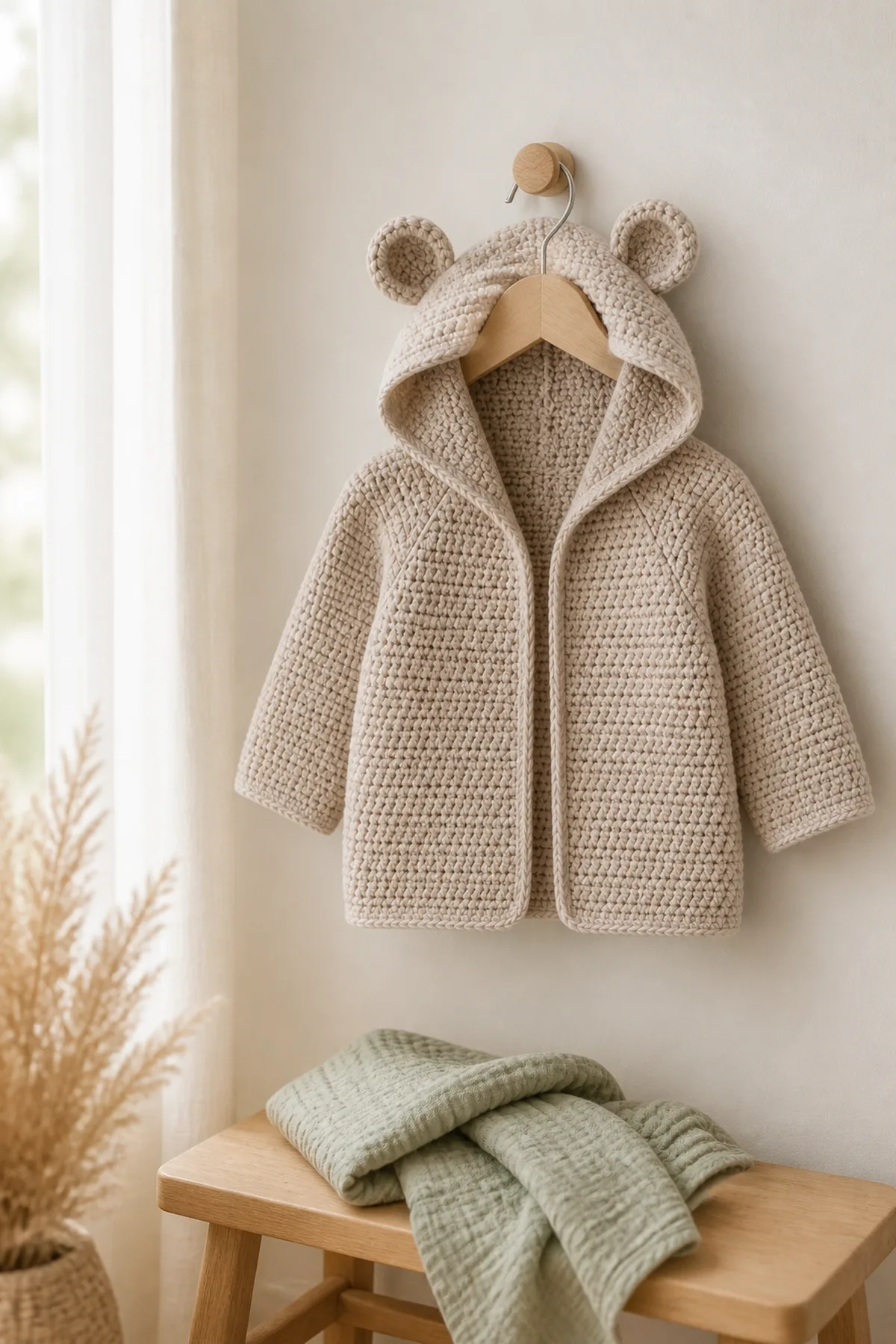 Finished the snuggle bear kids hoodie styled in a calm bright nursery setting without a baby present