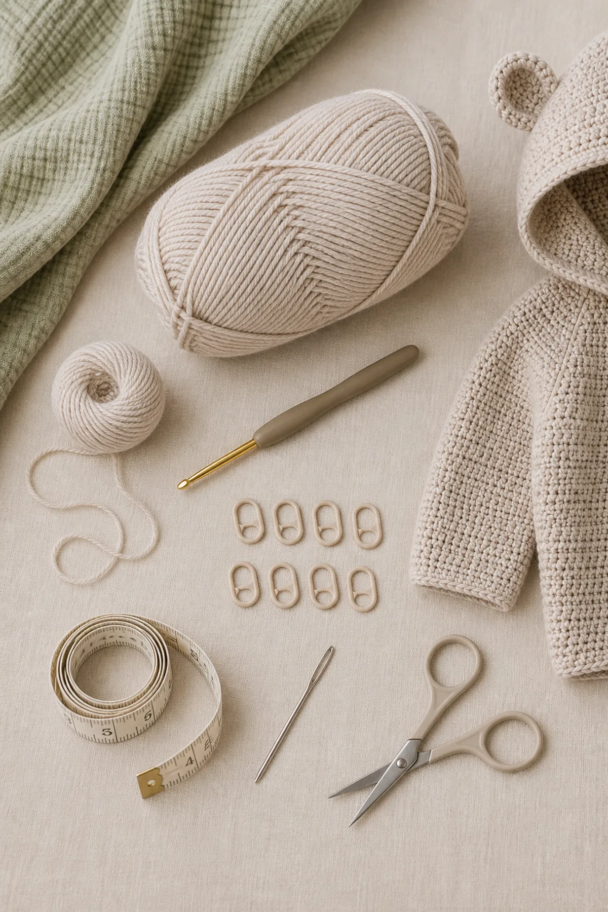 Baby-friendly yarn, crochet hook, stitch markers, tape measure, yarn needle, and scissors for the snuggle bear kids hoodie