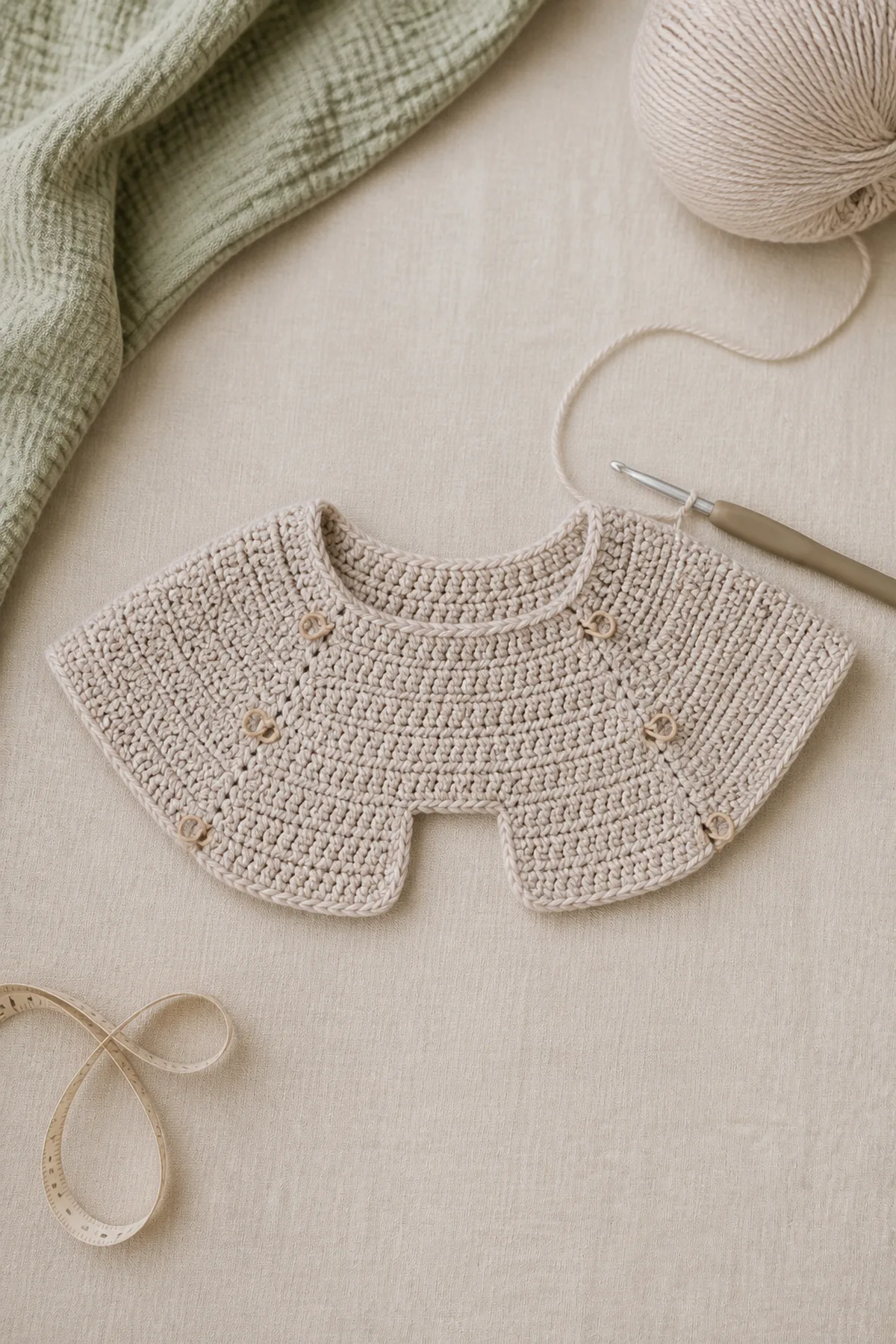 Early counted crochet stage of the snuggle bear kids hoodie with matching yarn and hook