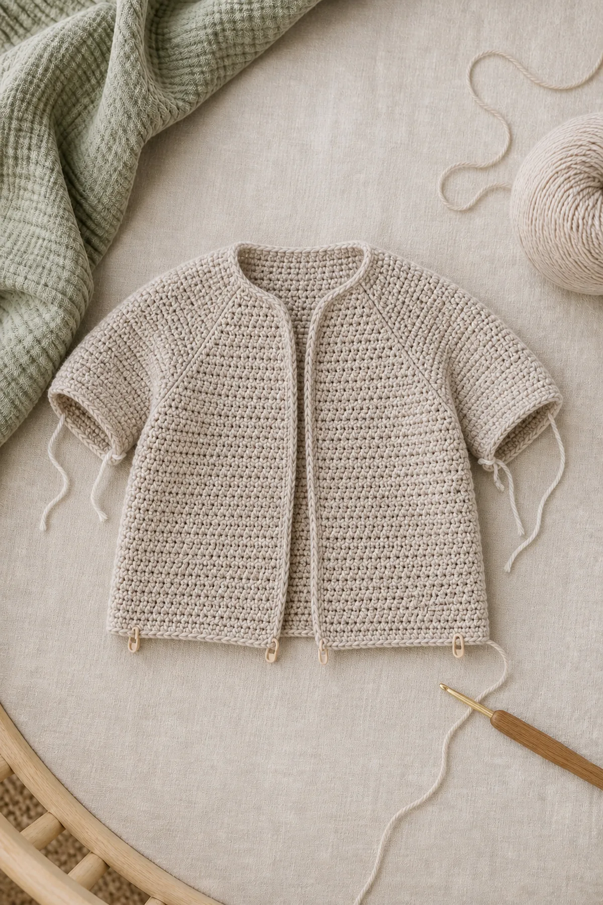 Mid-process construction of the snuggle bear kids hoodie showing the established shape