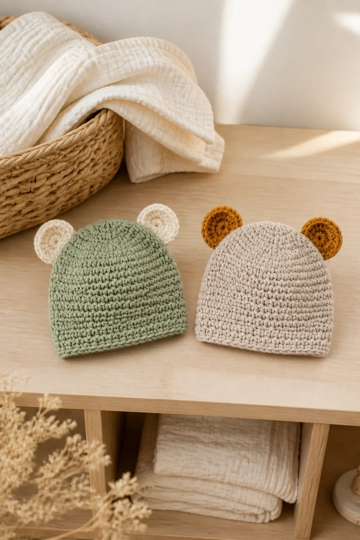 Finished baby bear crocheted hats styled in a calm bright nursery setting without a baby present