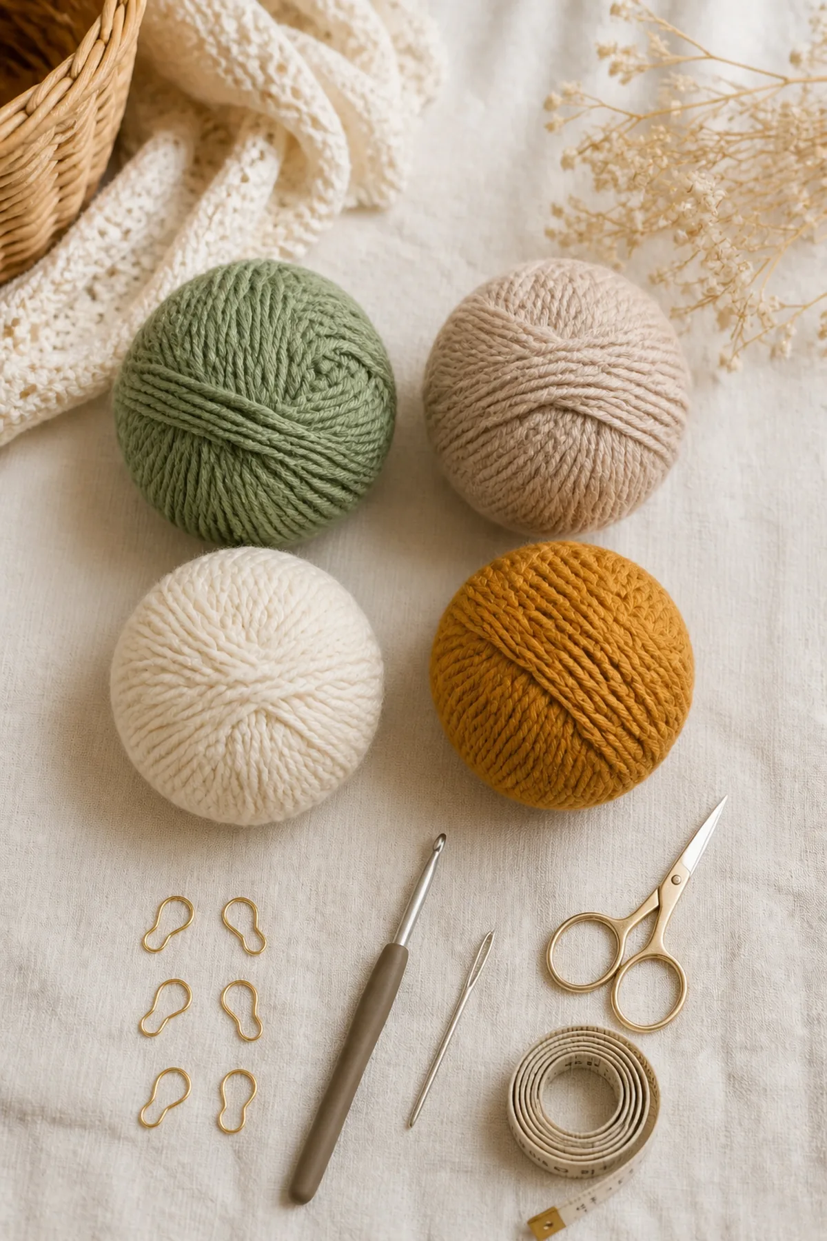 Baby-friendly yarn, crochet hook, stitch markers, tape measure, yarn needle, and scissors for baby bear crocheted hats