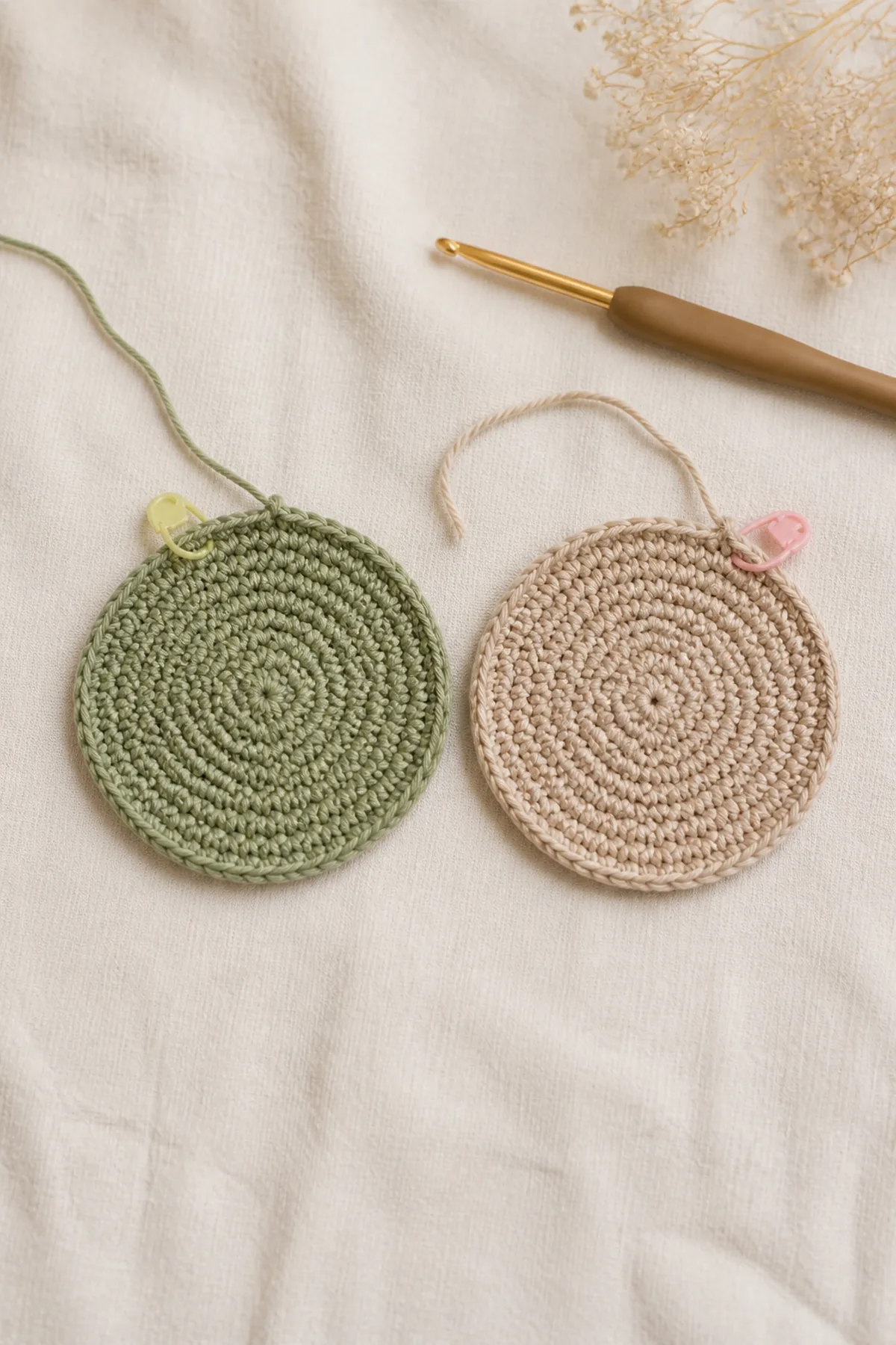 Two counted crochet hat crowns in sage and oatmeal with matching yarn and hook