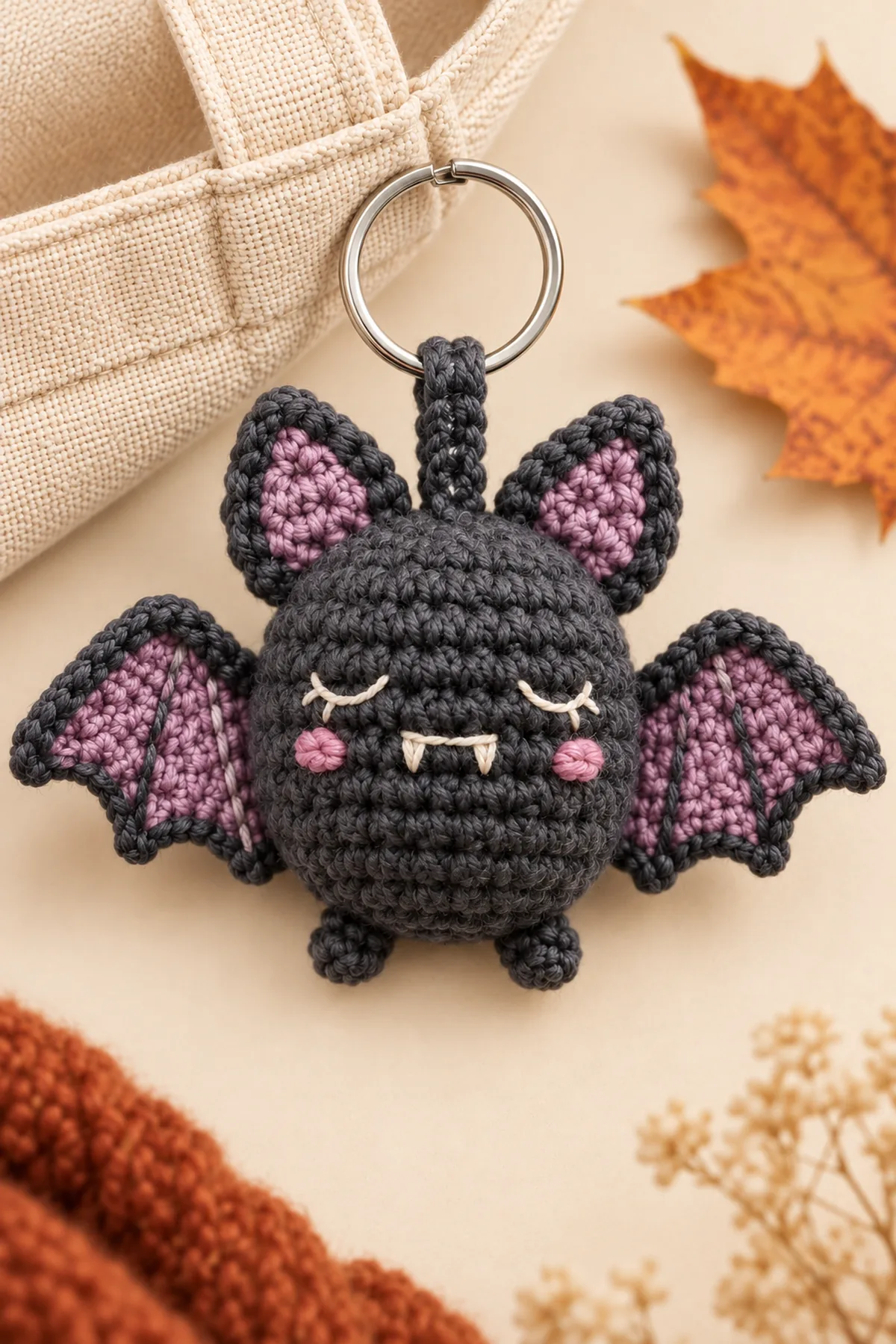 Close-up of embroidered bat face, lilac inner-ear stitching, full wing seam, and reinforced closed crochet hanger sewn around six crown stitches beneath the metal ring