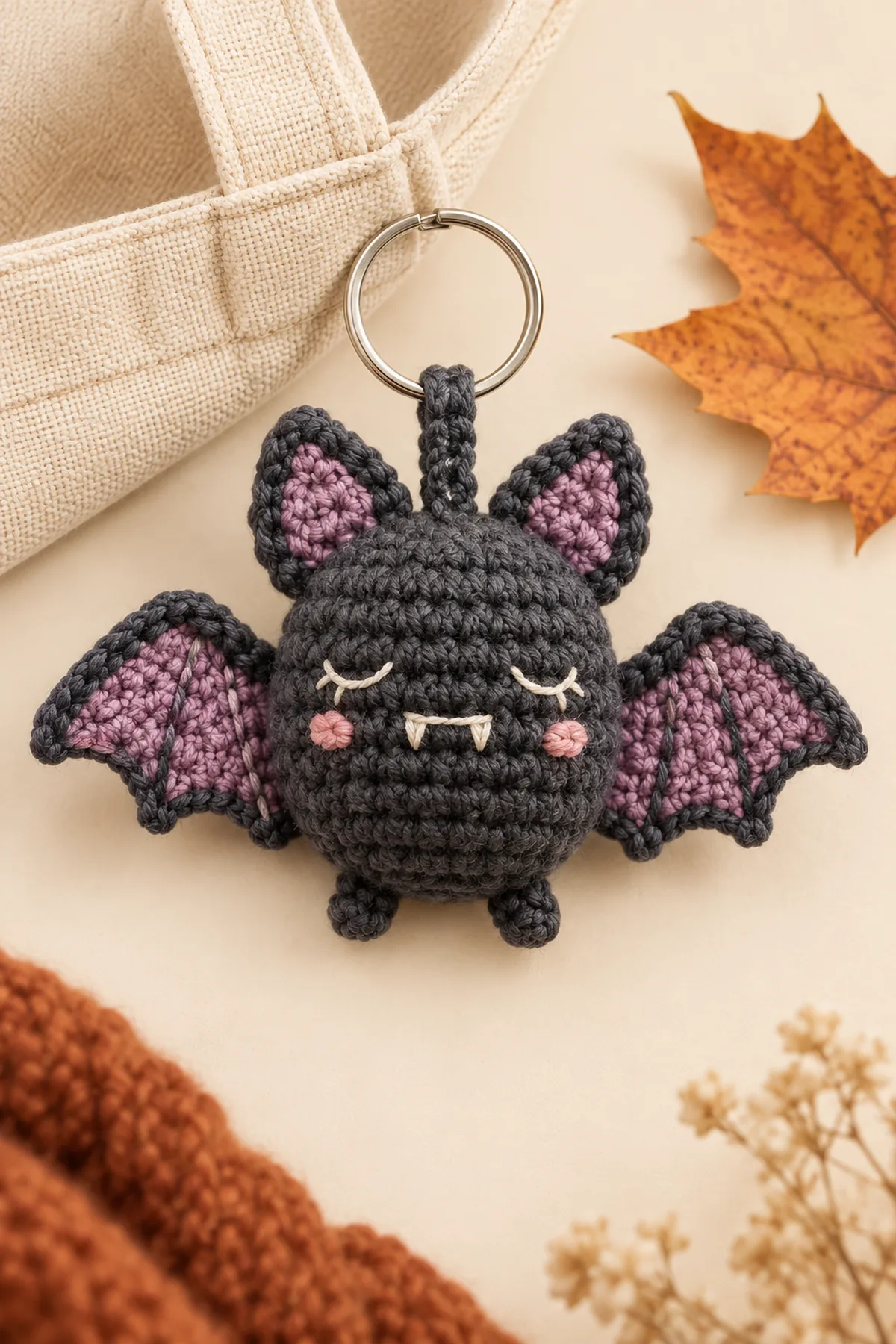 Finished original charcoal crochet bat keychain with compact oval body, two mirrored scalloped wings, lilac embroidered inner ears, tiny feet, embroidered cream face, and reinforced crochet hanger attached to one metal split ring