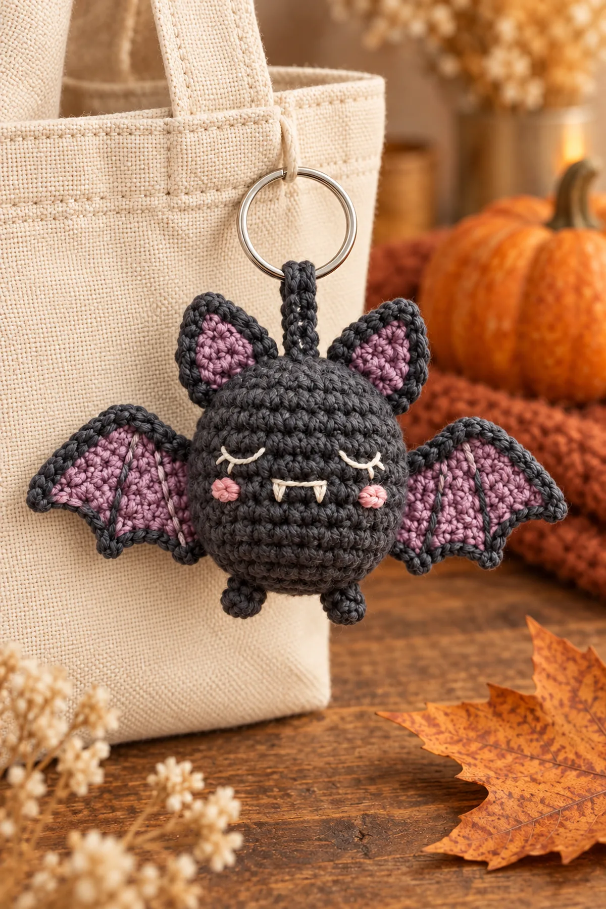 Completed charcoal and lilac bat crochet keychain attached to a neutral canvas bag on an autumn craft table, no child present