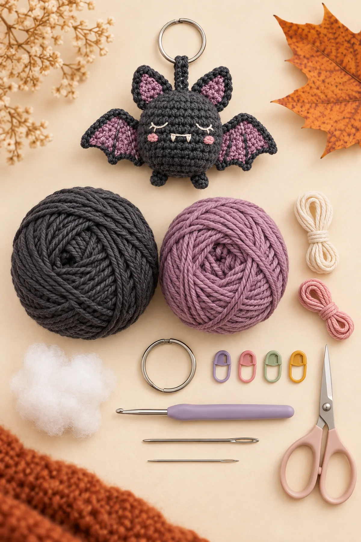 Charcoal and lilac DK cotton, cream and blush embroidery yarn, 3 mm hook, stuffing, one metal split ring, markers, needles, and scissors for a bat keychain