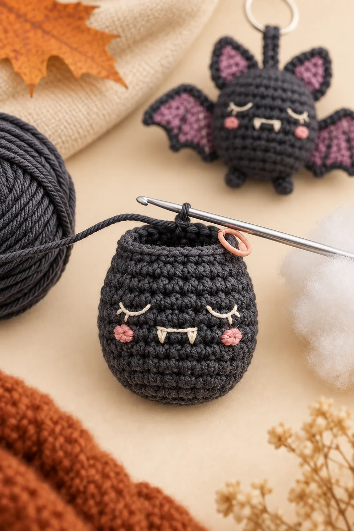 Small charcoal bat body at 24 stitches with embroidered face, round marker, stuffing, and 3 mm hook