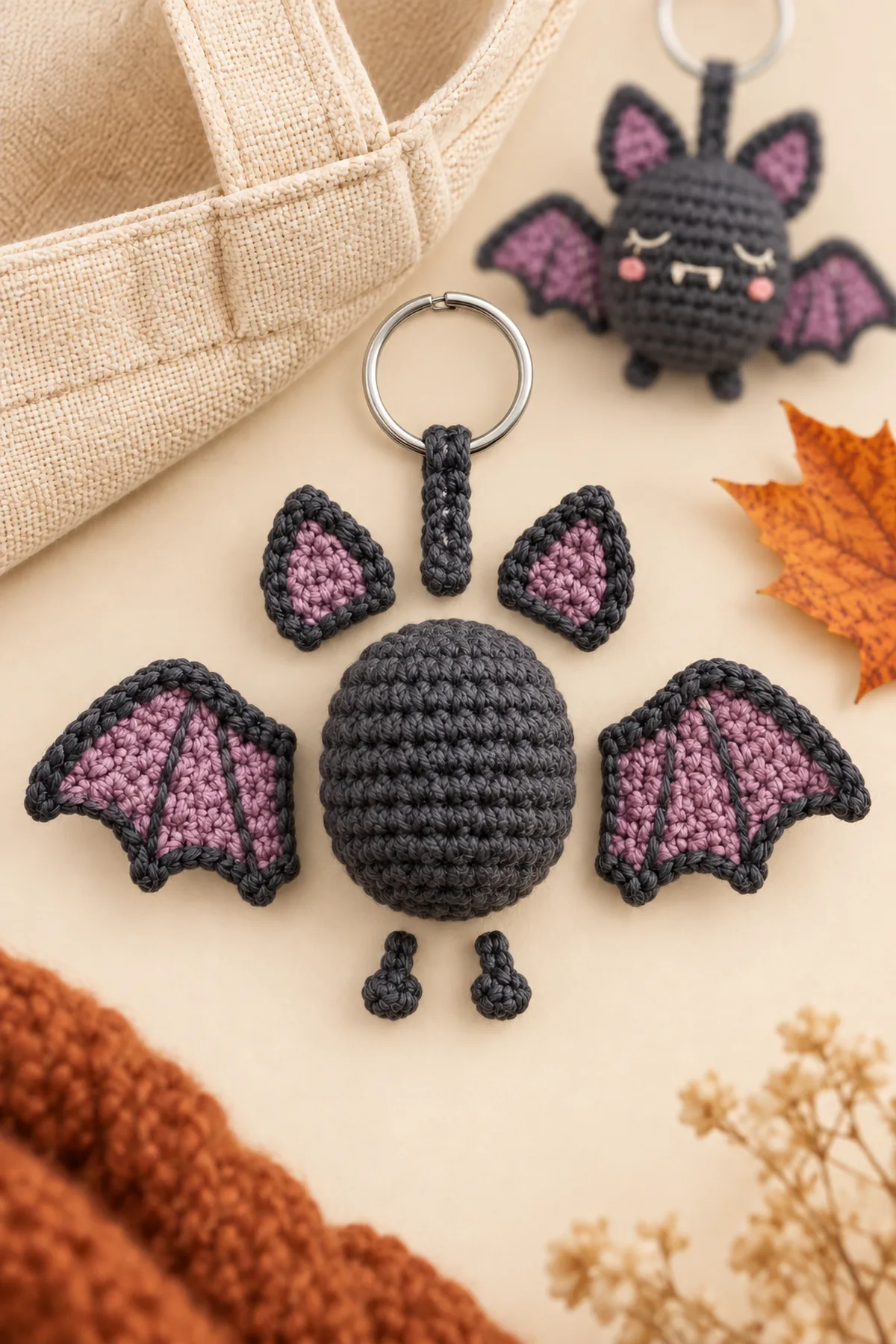 Two mirrored flat charcoal bat wings with lilac accents, two ears, two tiny chain feet, and closed crochet ring hanger before assembly
