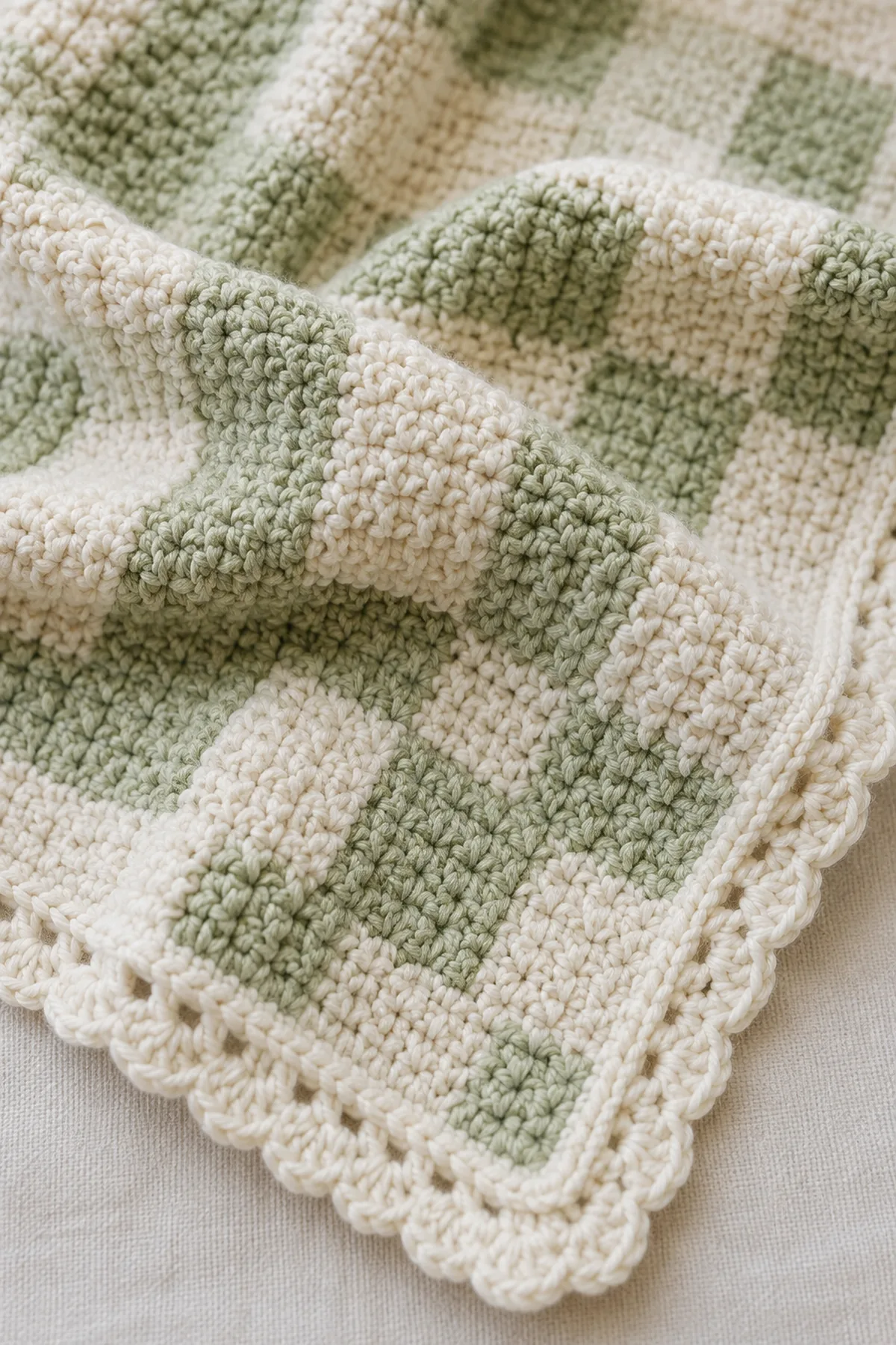 Close-up of the stitch texture and securely finished details on beginner crochet gingham baby blanket